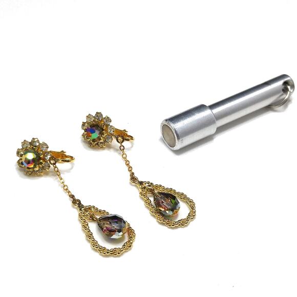 Vintage Czech Peacock Bead Dangle Earrings Floral Rhinestone Gold Tone 1960s - Picture 8 of 10